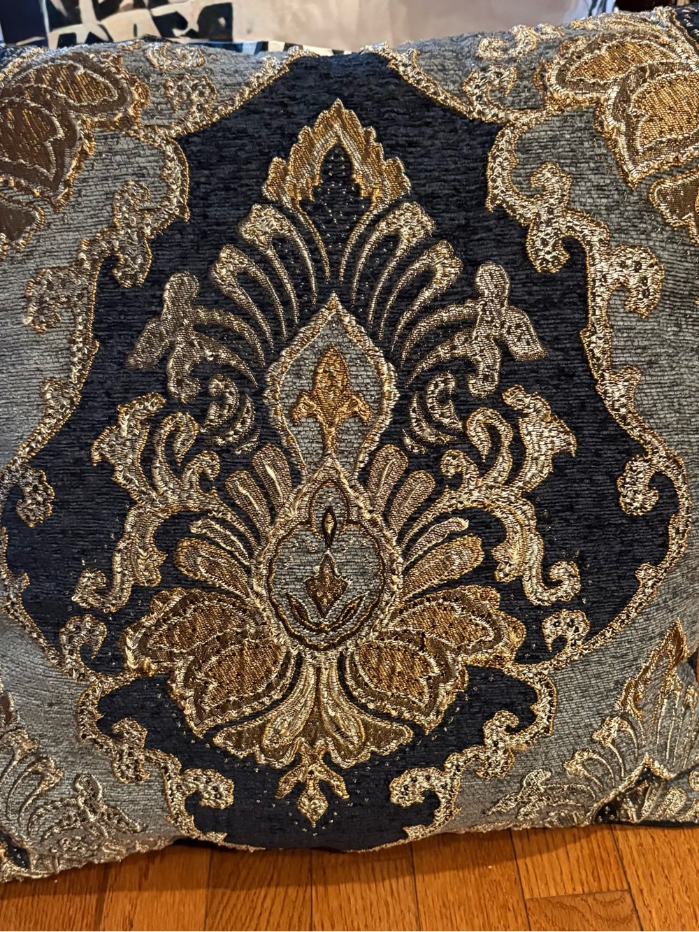 Elegant Blue and Gold Damask Throw Pillow by J Queen. Pillow is square 20x20